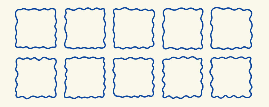 Blue Line Wavy Square Textbox Shape Frame Kit. Zigzag Edge Curvy Border Box Bundle. Outline Doodle Vector Illustration