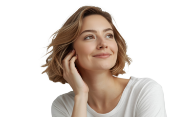 Dreamy girl looking thoughtful and smiling softly