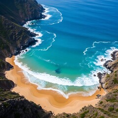Aerial view of a secluded beach cove with turquoise water, a sandy shore, and rocky cliffs. White waves break