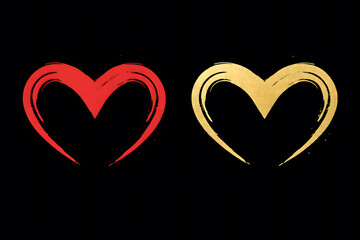 黒背景に描かれた筆ブラシ風ハート（赤と金）