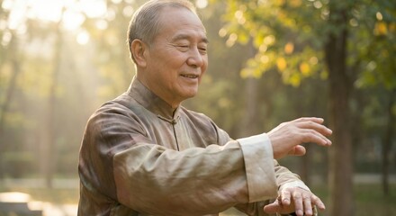 Senior Asian man practicing Tai Chi in park, tranquil focus