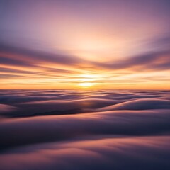 Aerial view of a stunning sunset. The sun, a ball of fire, radiates above a sea of fluffy clouds in the sky