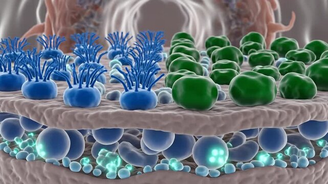 Microscopic view of respiratory tract basal cells and cilia movement.