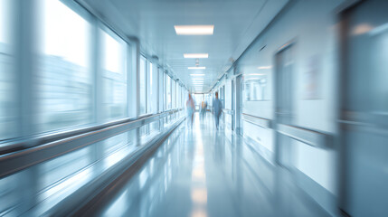 Fototapeta premium A blurred perspective of a hospital corridor, showcasing the sterile environment and modern design.