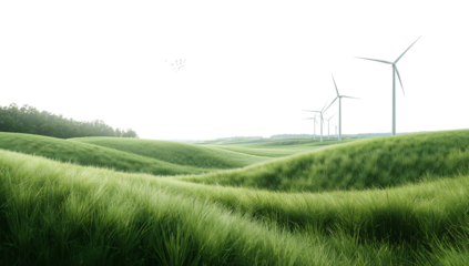 Wind Turbines on Rolling Green Hills, Sustainable Energy Landscape