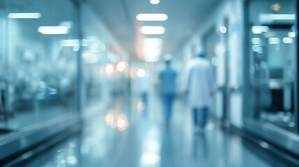 A blurred view of a hospital corridor with healthcare professionals, representing the medical environment and patient care.