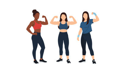 Fototapeta premium Diverse group of women flexing muscles, vector illustration of strong females in fitness apparel