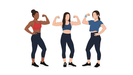 Fototapeta premium Three diverse women in fitness attire flexing their muscles in a stylized vector illustration for strong female empowerment