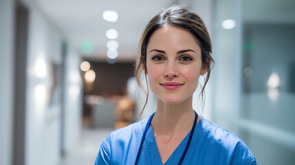 A confident female healthcare professional smiling in a modern hospital setting, showcasing compassion and care.