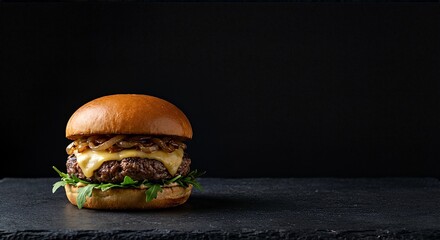 Dark Minimal Burger Advertising Layout with Large Negative Copy Space