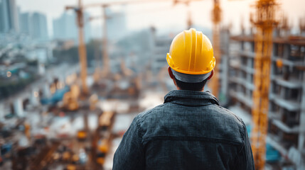 A construction worker in a hard hat supervises a busy building site during sunset, showcasing urban development.
