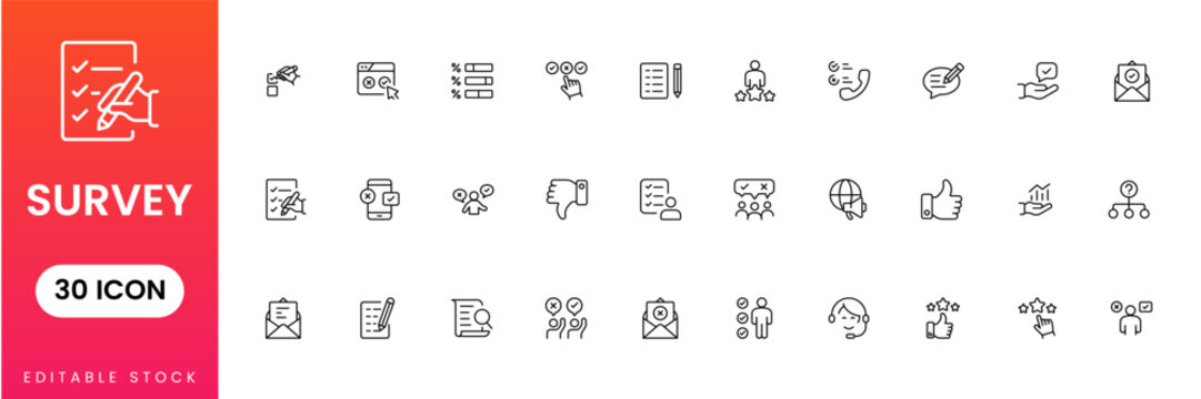Survey icon set questionnaire feedback research poll analytics UI flat vector modern minimal design