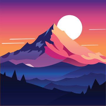Purple Mountain Landscape Background with Scenic View, Forest, and Sky