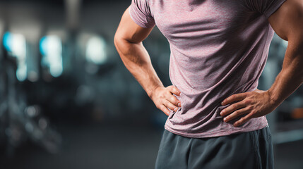 A muscular man in a gym, hands on hips, showcasing strength and confidence during a workout session.
