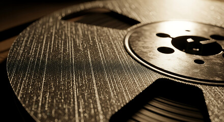 Close-up shot of a film reel with visible filmstrip and metal spool in warm, cinematic lighting against a dark background.