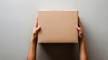 A pair of hands holding a plain brown cardboard box, ready for unboxing or delivery.