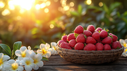 A basket of fresh strawberries on rustic wooden table with white plumeria flowers, tropical garden background, warm golden sunset light, perfect for advertising, food and resort concepts.