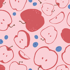 Seamless Hand-Drawn Red Apples and Blueberries on Pink Background with Cute Fruit Texture for Kitchen Textiles