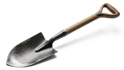 A sturdy metal garden spade with a wooden handle isolated on a white background