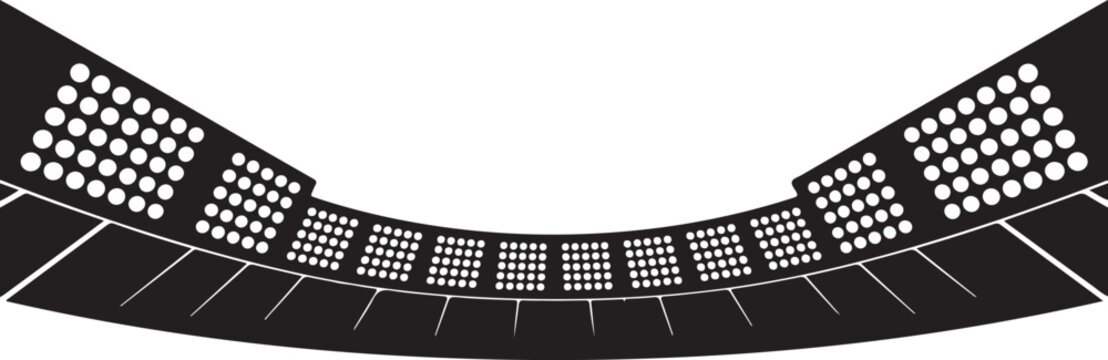 Football stadium floodlights silhouette vector with curved arena structure, minimalist black and white sports lighting design