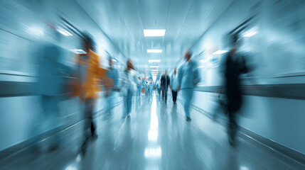 Blurred motion of healthcare professionals in a hospital corridor, demonstrating a busy medical environment.