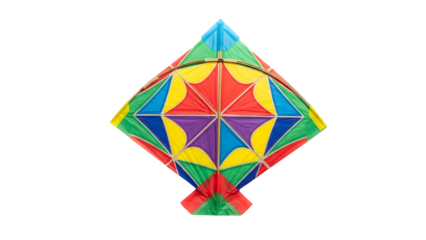 Colorful diamond kite with intricate geometric pattern isolated on transparent background