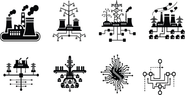 Power plant, transmission network, renewable energy, smart grid, circuit diagram, black vector icon set, electricity infrastructure, minimal design