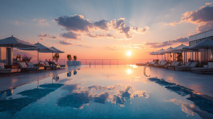 Breathtaking sunset reflection on a luxurious swimming pool surrounded by lounging areas and umbrellas.