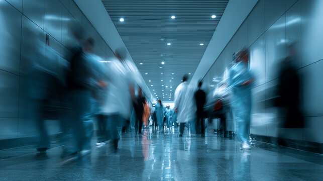 Blurred vision of busy hospital corridor with healthcare professionals moving swiftly, representing a dynamic environment.