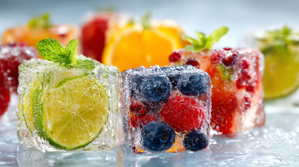 Colorful fruit ice cubes with mint make for a refreshing summer treat, enhancing drinks and desserts beautifully.