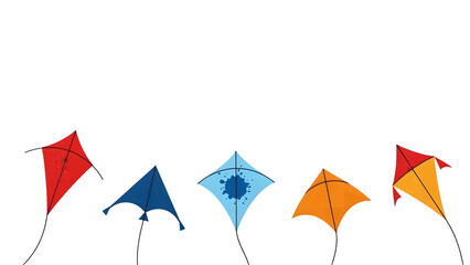 Five colorful kites flying on a transparent background