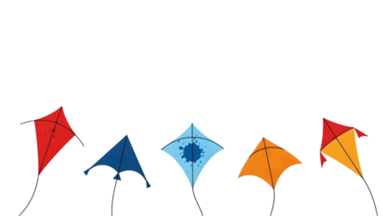 Five colorful kites flying on a transparent background