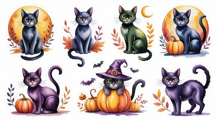 set of funny cartoon cats