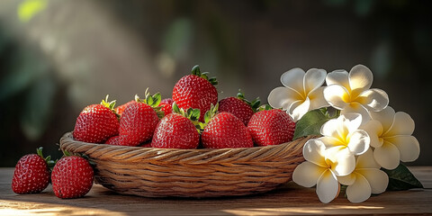 A basket of fresh strawberries on rustic wooden table with white plumeria flowers, tropical garden background, warm golden sunset light, perfect for advertising, food and resort concepts.