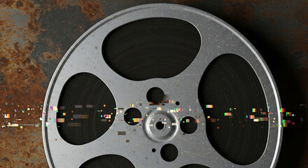 Close-up of a vintage film reel on a rusty metal background with a shallow depth of field.