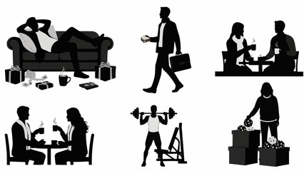 Silhouettes of people in various life situations and activities.