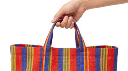 Hand holding colorful striped woven plastic shopping bag isolated on transparent background
