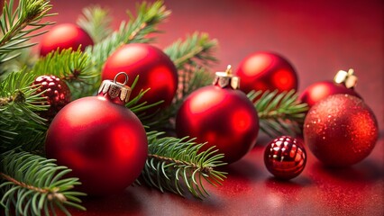 red christmas ornaments macro with pine needles