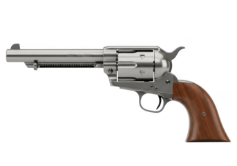 A high-quality digital illustration of a silver revolver with a wooden grip isolated on transparent background