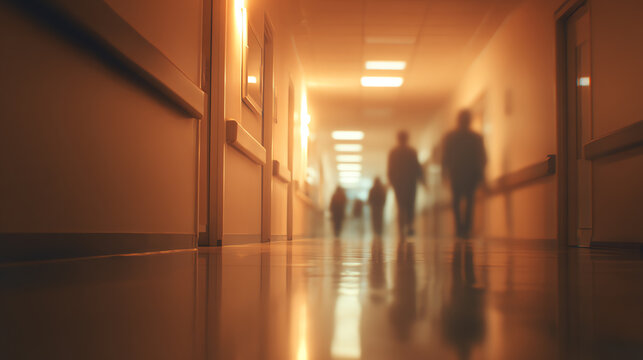 Soft focus view of a hospital corridor with shadowy figures walking, conveying a sense of calm and movement.
