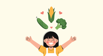 Happy young girl with open arms and hearts surrounded by fresh healthy vegetables like cucumber, corn, and broccoli for nutrition education.