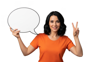 Happy young woman holding a blank speech bubble and showing a peace sign isolated on transparent background