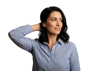 Confident young woman with dark hair wearing a blue striped shirt posing thoughtfully isolated on transparent background