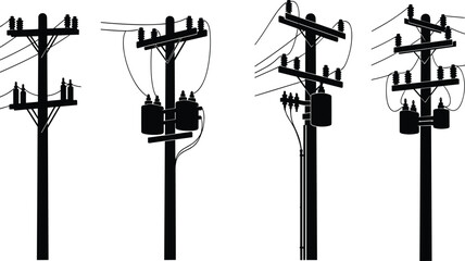 Obraz premium Utility pole, electrical transformer, power line, silhouette vector, infrastructure design, energy distribution, technical drawing, grid system, voltage setup, illustration