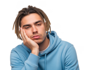 Young man with dreadlocks resting his head on his hand looking tired and sleepy isolated on transparent background