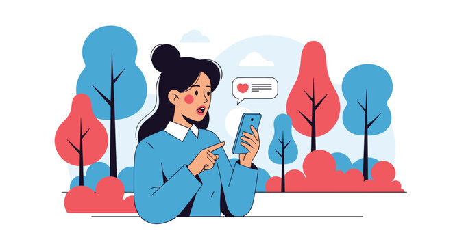 Surprised young woman using her smartphone in a beautiful public park with colorful red and blue trees and autumn foliage in the background.