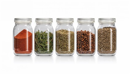 Minimal spice jars arrangement highlighting herbs grains and seasoning organization