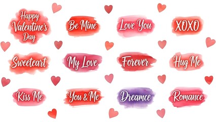 Watercolor valentines day messages and hearts collection