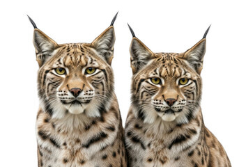 Obraz premium Two majestic bobcats with striking green eyes and detailed fur patterns side by side, showcasing their wild beauty and feline grace, isolated on transparent background