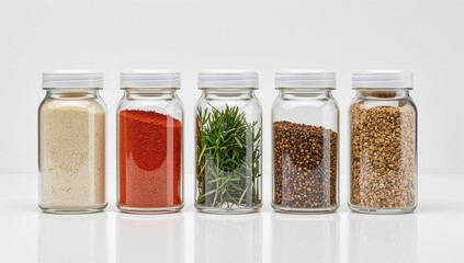 Glass jars filled with spices herbs and grains isolated on white background representing kitchen organization and cooking ingredients